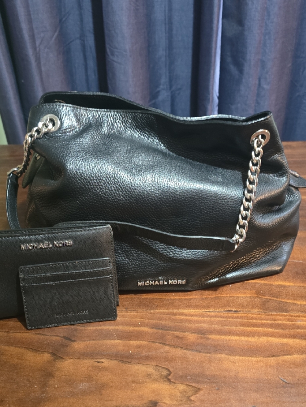 Michael Kors Black Pebbled Leather Chain-Handle Shoulder Bag with Card Case